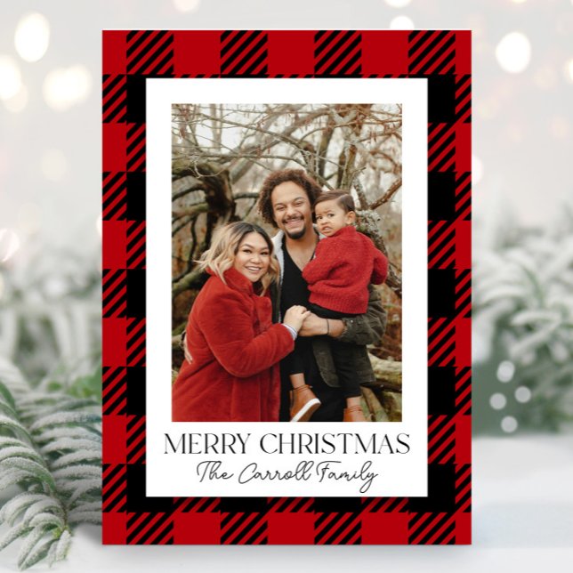 Cartes Pour Fêtes Annuelles Red Flannel Plaid Custom Photo de famille Noël (Créateur téléchargé)