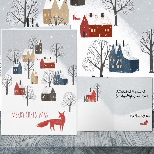 Cartes Pour Fêtes Annuelles Red Fox Snowy Nordic Village Joyeux Noël (Red Fox Snowy Nordic Village Merry Christmas Holiday Wraparound Graphics Folded Card in 2 sizes.)
