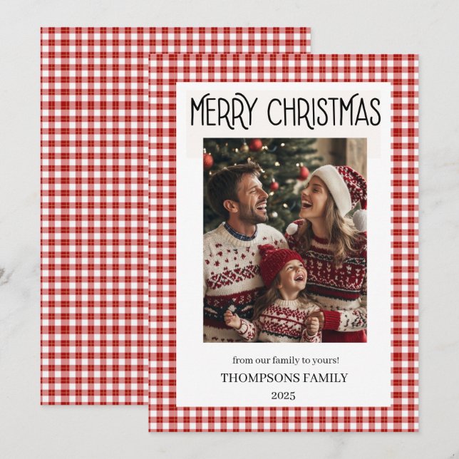 Cartes Pour Fêtes Annuelles Red Gingham Holiday Family Photo Card (Devant / Derrière)