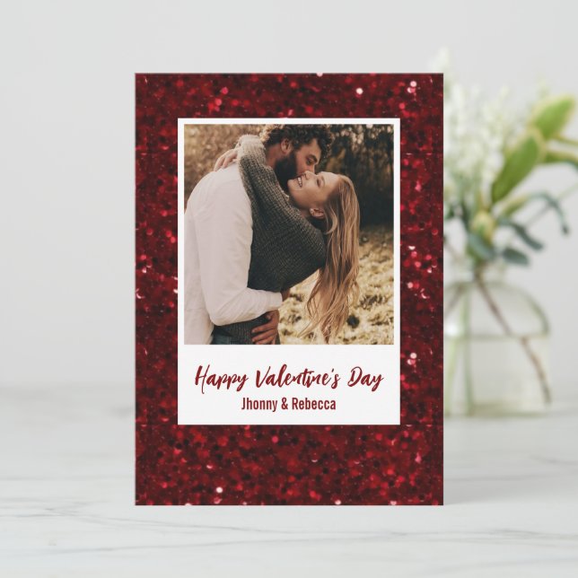 Cartes Pour Fêtes Annuelles Red Glitter Couple Photo Happy Valentine's Day  (Debout devant)