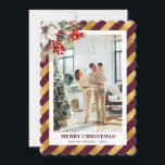 Cartes Pour Fêtes Annuelles Red Gold Botanical Modern Photo Christmas Card<br><div class="desc">Elegant red and gold photo Christmas card featuring modern stripes,  snowflakes and stars adorned with a watercolor painting of white poinsettia,  conifer tree branches,  holly and red berries. Easily personalize this modern holiday card online. The gold foil effect is only simulated in the artwork.</div>