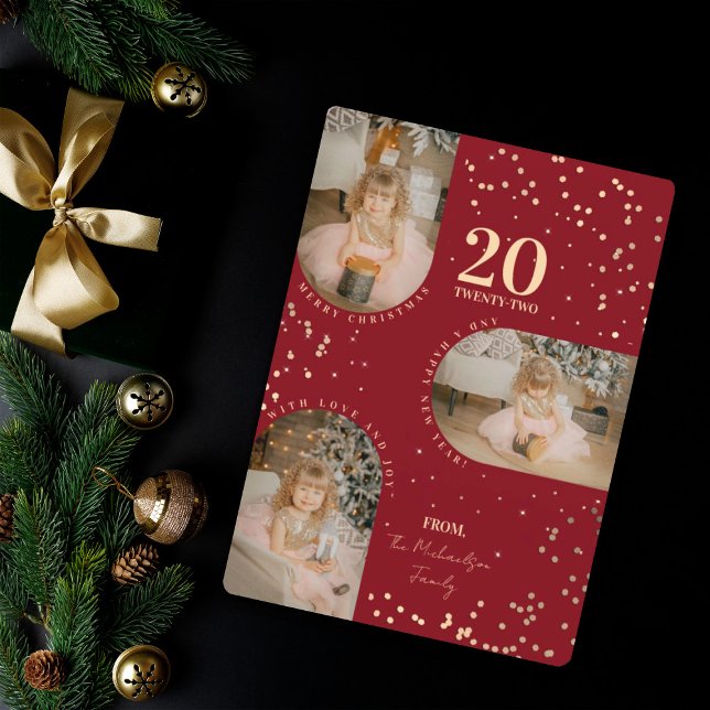 Cartes Pour Fêtes Annuelles Red Gold Confetti Arch Famille Photos de Noël Hol (Créateur téléchargé)