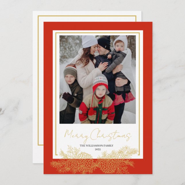 Cartes Pour Fêtes Annuelles Red Gold Modern Elegant Photo de famille Noël (Devant / Derrière)