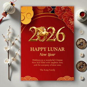 Cartes Pour Fêtes Annuelles Red Gold Moderne 2026 Cheval Chinois Lunar Nouvel 