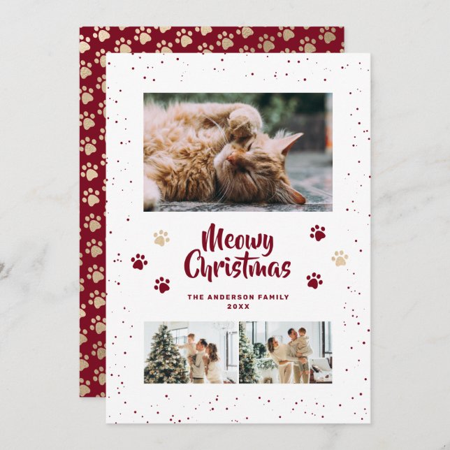 Cartes Pour Fêtes Annuelles Red Gold Photo Snow Paws Meowy Christmas Card (Devant / Derrière)