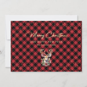 Cartes Pour Fêtes Annuelles Red Gold Plaid Reindeer Neige Joyeux Noël