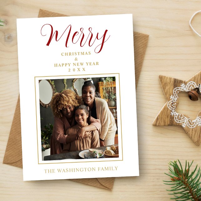 Cartes Pour Fêtes Annuelles Red & Gold Simple Minimalist Merry Christmas Photo (Simple Minimalist Merry Christmas Photo Holiday Card with Envelope in Red and Fake Gold. )