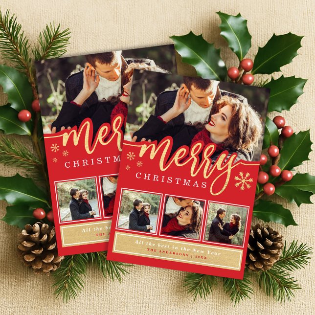 Cartes Pour Fêtes Annuelles Red Gold Snowflake Joyeux Noël Photo Collage (Créateur téléchargé)