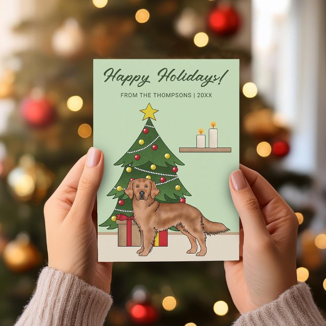 Cartes Pour Fêtes Annuelles Red Golden Retriever Chien Green Christmas Tree (Créateur téléchargé)