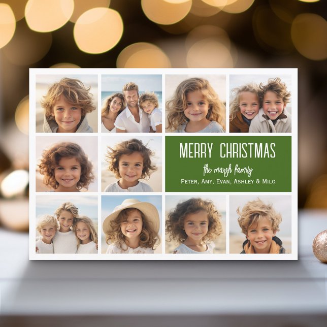 Cartes Pour Fêtes Annuelles Red Greed Retro Stripes - 10 Photo (Modern Holiday Greeting Card with a Family Photo)