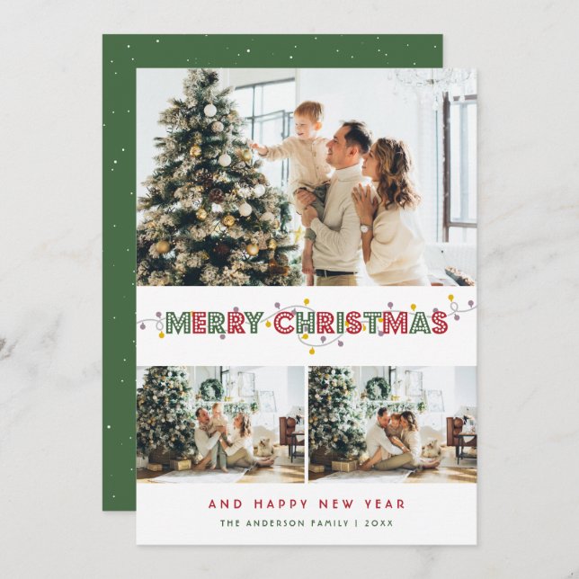 Cartes Pour Fêtes Annuelles Red Green Christmas Lights 3 Photo Collage (Devant / Derrière)
