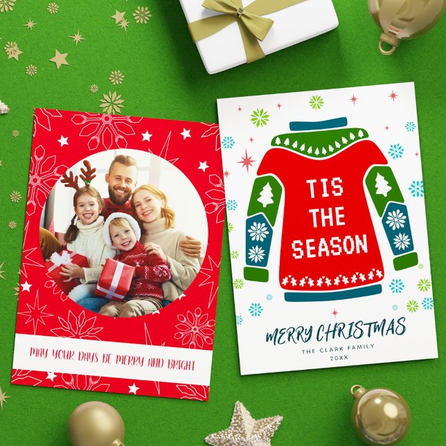 Cartes Pour Fêtes Annuelles Red Green Photo Famille laide Sweater Tis Season (Red Green Photo Family Ugly Sweater Tis the Season Holiday Card)