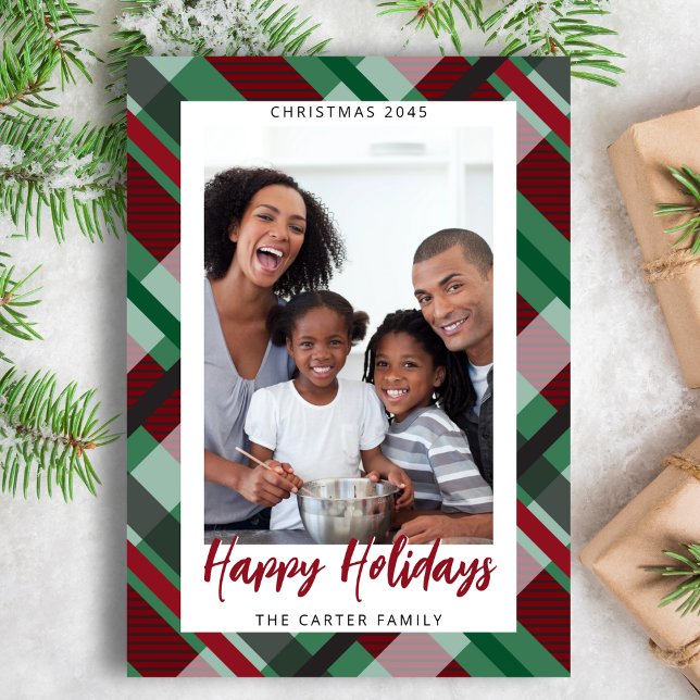 Cartes Pour Fêtes Annuelles Red Green Plaid Photo Modern Happy Holidays  (Bold modern red & green plaid design, fully customizable front photo, name, & year, full-plaid back.)