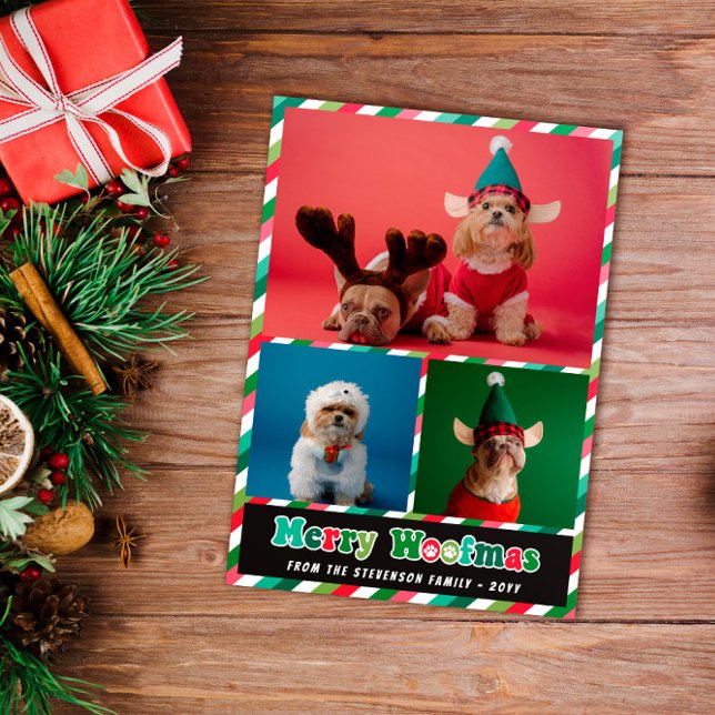 Cartes Pour Fêtes Annuelles Red Green Retro Merry Woofmas Photo Collage (Créateur téléchargé)