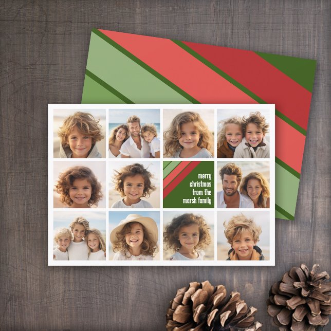 Cartes Pour Fêtes Annuelles Red Green Retro Stripes - 11 Photo Collage (Red and Green Retro Stripe Holiday Card - 11 Photo Template - Print and Download Options)