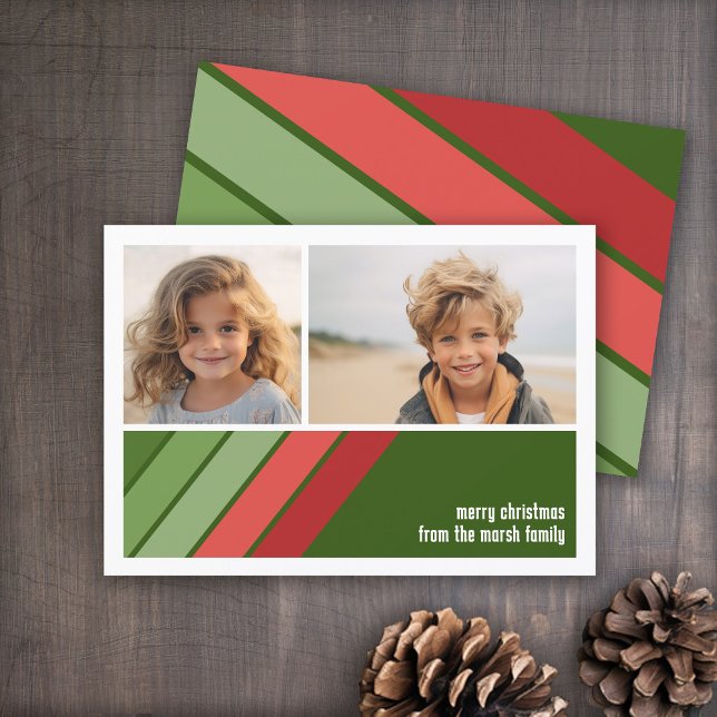 Cartes Pour Fêtes Annuelles Red Green Retro Stripes - 2 Photo Collage (Red and Green Retro Stripe Holiday Card - 2 Photo Template - Print and Download Options)
