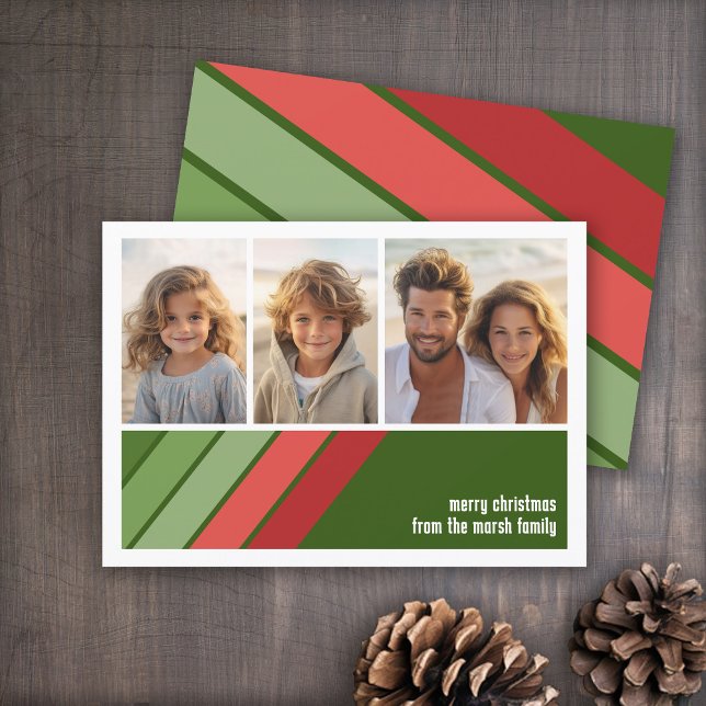 Cartes Pour Fêtes Annuelles Red Green Retro Stripes - 3 Photo Collage (Red and Green Retro Stripe Holiday Card - 3 Photo Template - Print and Download Options)