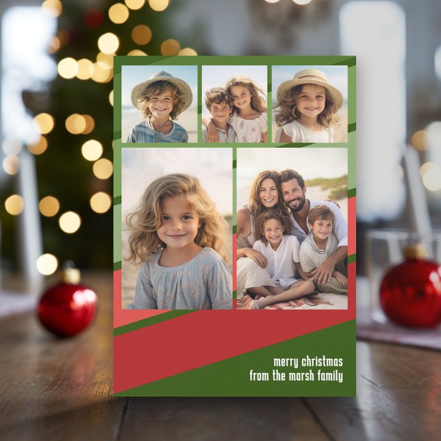 Cartes Pour Fêtes Annuelles Red Green Retro Stripes - 5 Photo Collage (Modern Christmas Photo Greeting Card)