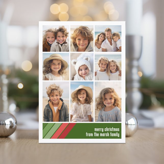Cartes Pour Fêtes Annuelles Red Green Retro Stripes - 9 Photo Collage (Red and Green Retro Stripe Holiday Card with an 10 Photo Collage template)