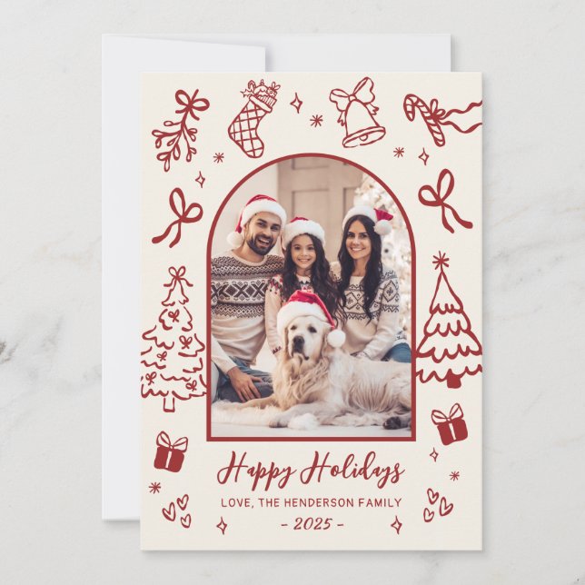 Cartes Pour Fêtes Annuelles Red Hand-Drawn Doodle Arch Photo Christmas Happy (Devant)