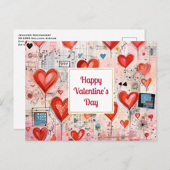 Cartes Pour Fêtes Annuelles Red Hearts Whimsical Love Motif Saint Valentin (Devant / Derrière)