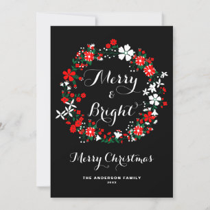 Cartes Pour Fêtes Annuelles Red Holiday Floral Wreath Joyeux et brillant Noël
