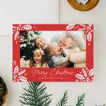 Cartes Pour Fêtes Annuelles Red Holly Berry Corners Frame Photo<br><div class="desc">Send a stylish and festive holiday card this season with this completely customizable,  photo card featuring hand drawn winter foliage artwork. It comes with a matching pattern on the back and 2 additional photos and room for additional text.</div>