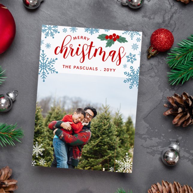 Cartes Pour Fêtes Annuelles Red Holly Blue Snowflakes Joyeux Noël Photo (Créateur téléchargé)
