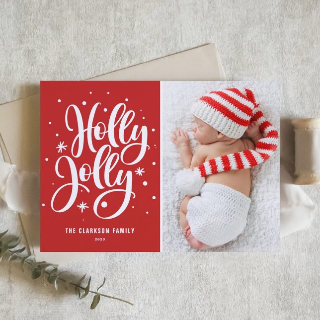 Cartes Pour Fêtes Annuelles Red Holly Jolly Hand Lettering Baby Photo (Créateur téléchargé)