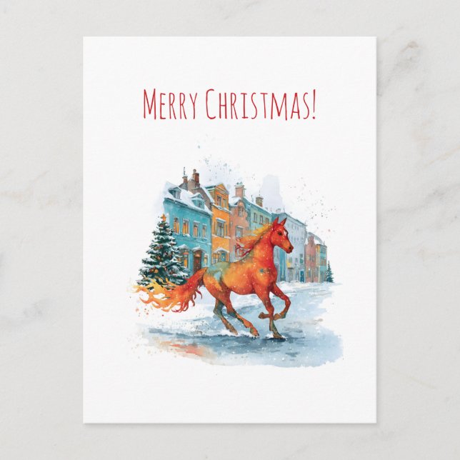 Cartes Pour Fêtes Annuelles Red horse galloping through a snowy, Christmas (Devant)