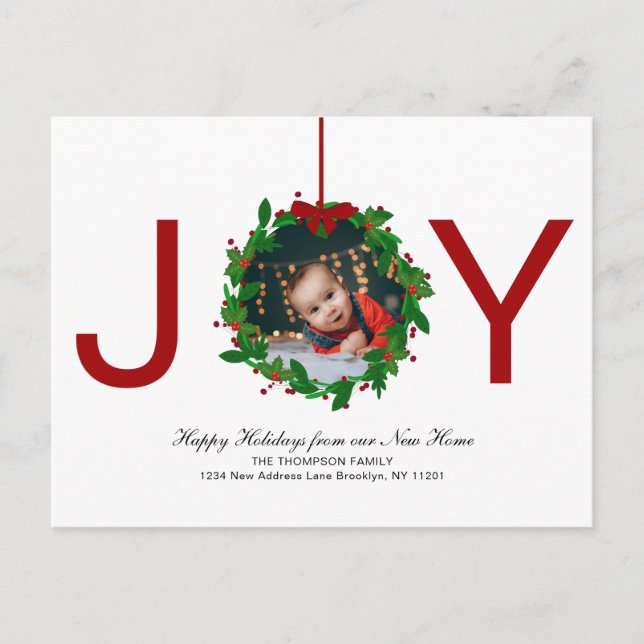 Cartes Pour Fêtes Annuelles Red Joy Noël Botanical Wreath Photo Moving (Devant)