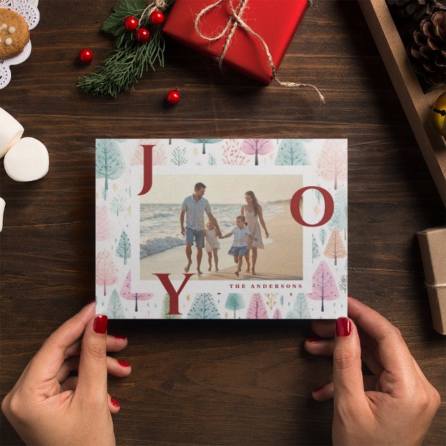 Cartes Pour Fêtes Annuelles Red Joy Pastel Christmas Trees Photo Holiday Card (Créateur téléchargé)