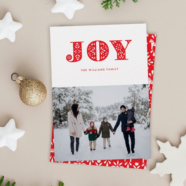 Cartes Pour Fêtes Annuelles Red Joy Swedish Dala Horse Photo Holiday Card (simple scandi style red JOY Christmas holiday photo card with one photo and patterned backer)