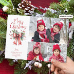 Cartes Pour Fêtes Annuelles Red Joyeux Noël 3 Photos Script Holly Bow<br><div class="desc">Envoyez MERRY CHRISTMAS salutations cette saison de vacances avec une carte de voeux photo avec 3 images et une typographie de script de calligraphie rouge moderne et chic pour le salut accentué avec un arc rouge aquarelle et saint. ASSISTANCE : Pour obtenir de l'aide sur la modification ou la personnalisation...</div>