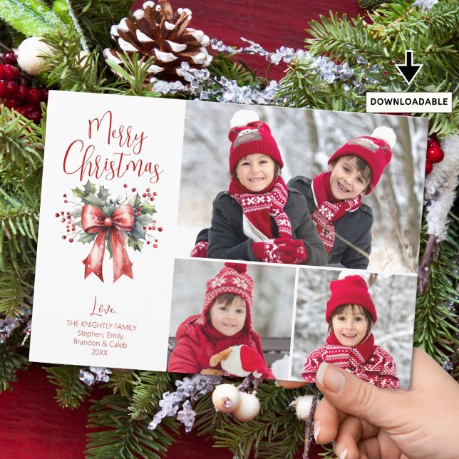 Cartes Pour Fêtes Annuelles Red Joyeux Noël 3 Photos Script Holly Bow (Créateur téléchargé)