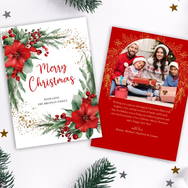 Cartes Pour Fêtes Annuelles Red Joyeux Noël Botanique Photo (Red Merry Christmas Botanical Photo Holiday Card)