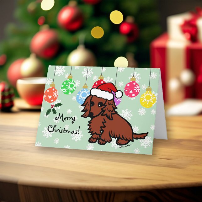 Cartes Pour Fêtes Annuelles Red Long Haired Dachshund Noël mignon (Red Long Haired Dachshund Christmas Cards for Dachshund Owners.  Cute Cartoon Style.)