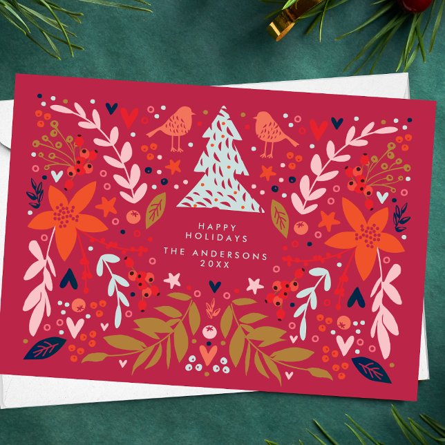 Cartes Pour Fêtes Annuelles RED Magenta Floral Noël Joli (Créateur téléchargé)