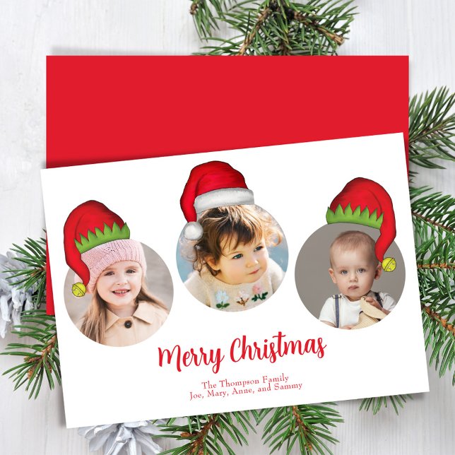 Cartes Pour Fêtes Annuelles Red Merry Christmas Photo Santa Hats (Merry Christmas holiday photo collage template. )