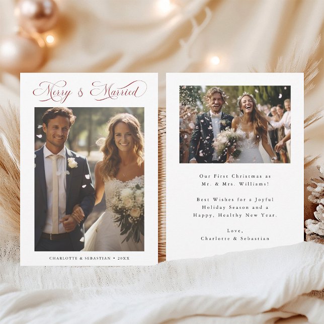 Cartes Pour Fêtes Annuelles Red Merry & Married Romantic Script 2 Photo (Front & Back)