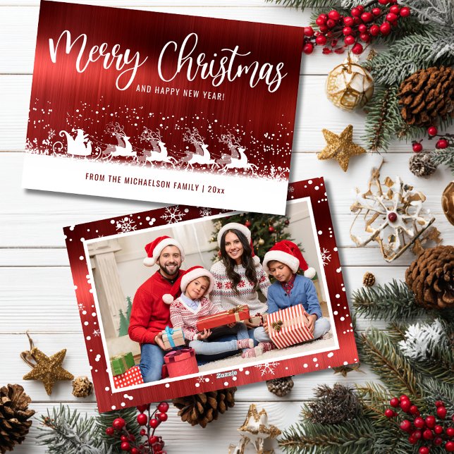 Cartes Pour Fêtes Annuelles Red Metallic Santa Sleigh Christmas Photo (Red Metallic Santa Sleigh Christmas Photo Card )