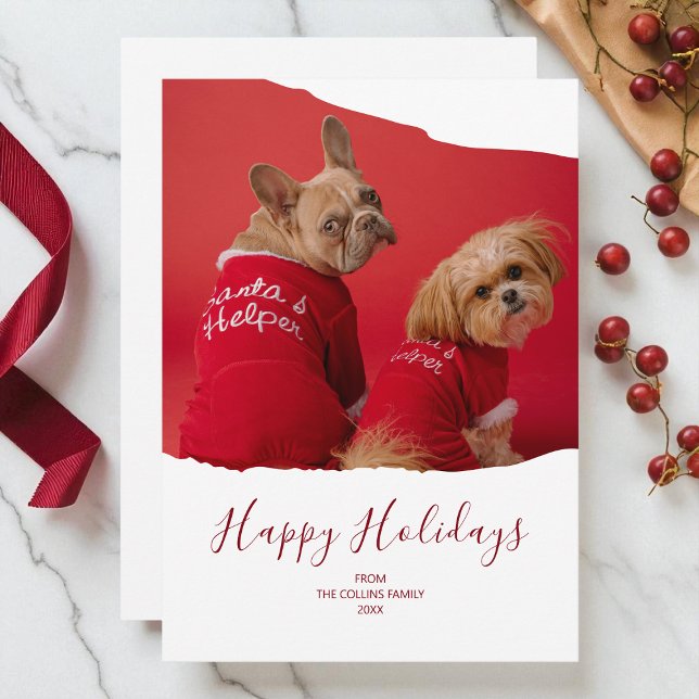 Cartes Pour Fêtes Annuelles Red Minimalist Photo pour animaux de compagnie Joy (Red Minimalist Pet Photo Happy Holidays Christmas Holiday Card)