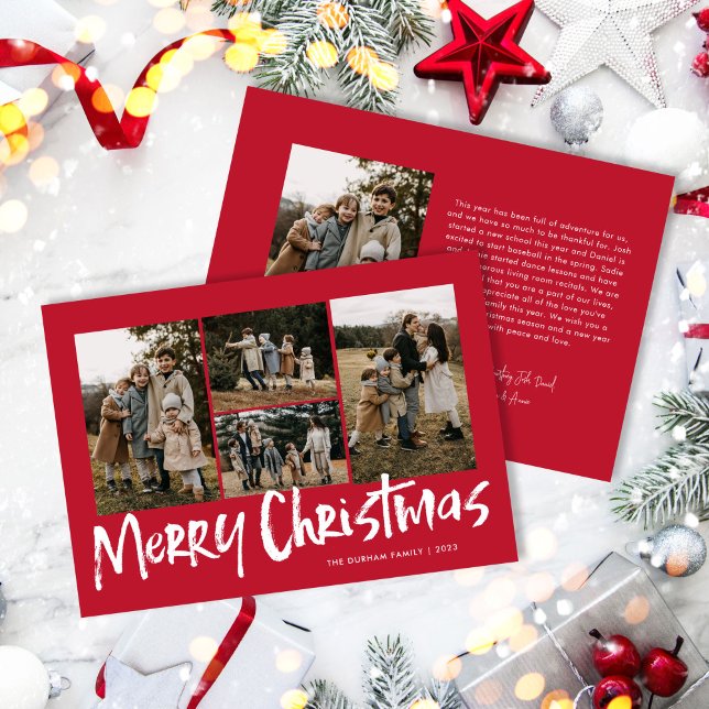 Cartes Pour Fêtes Annuelles Red Modern Letters Cinq Photo Joyeux Noël (Créateur téléchargé)
