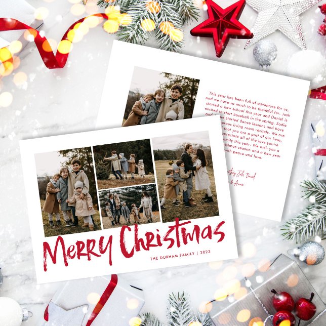 Cartes Pour Fêtes Annuelles Red Modern Letters Cinq Photo Joyeux Noël (Créateur téléchargé)