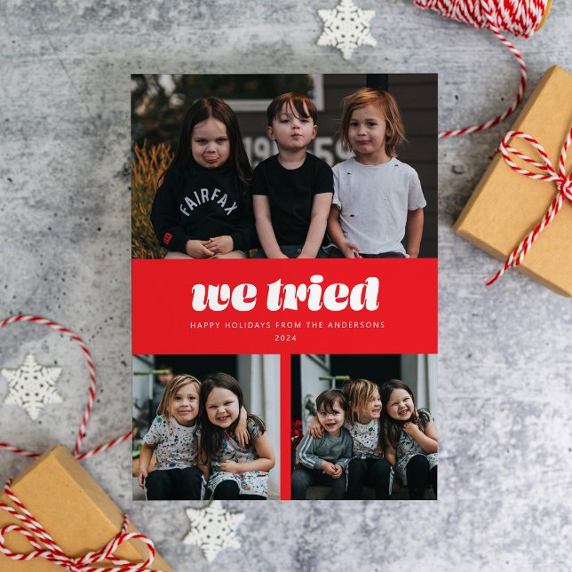 Cartes Pour Fêtes Annuelles Red Nous Avons Essayé Funny photos multiples Noël (Créateur téléchargé)