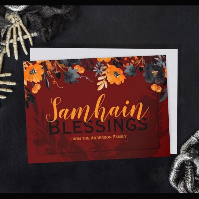 Cartes Pour Fêtes Annuelles Red & Orange Floral Samhain Blessings Witchy (Créateur téléchargé)