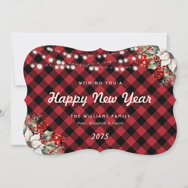 Cartes Pour Fêtes Annuelles Red Plaid Botanical String Lights New Year Card (Devant)