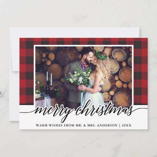 Cartes Pour Fêtes Annuelles Red Plaid Calligraphie Mariage Joyeux Noël (Devant)
