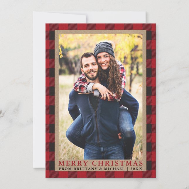Cartes Pour Fêtes Annuelles Red Plaid Couple Photo Joyeux Noël Kraft (Devant)
