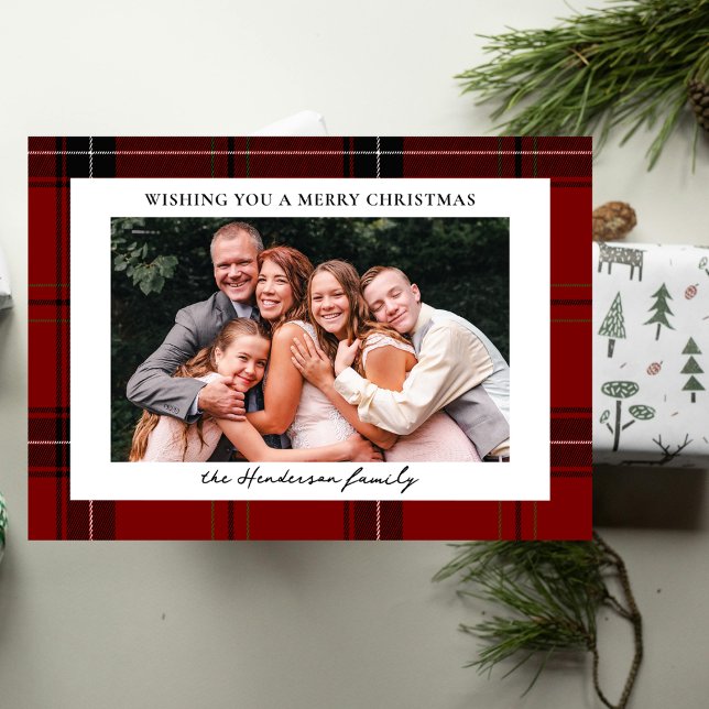 Cartes Pour Fêtes Annuelles Red Plaid Custom Horizontal Photo Christmas  (Créateur téléchargé)